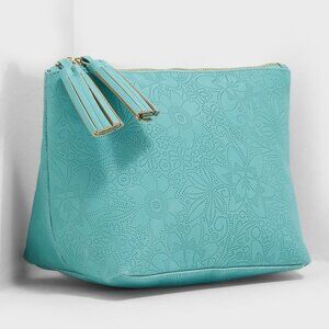 Typo Large Floral Embossed Cosmetic Zip Bag Toiletries Makeup Travel Teal Blue